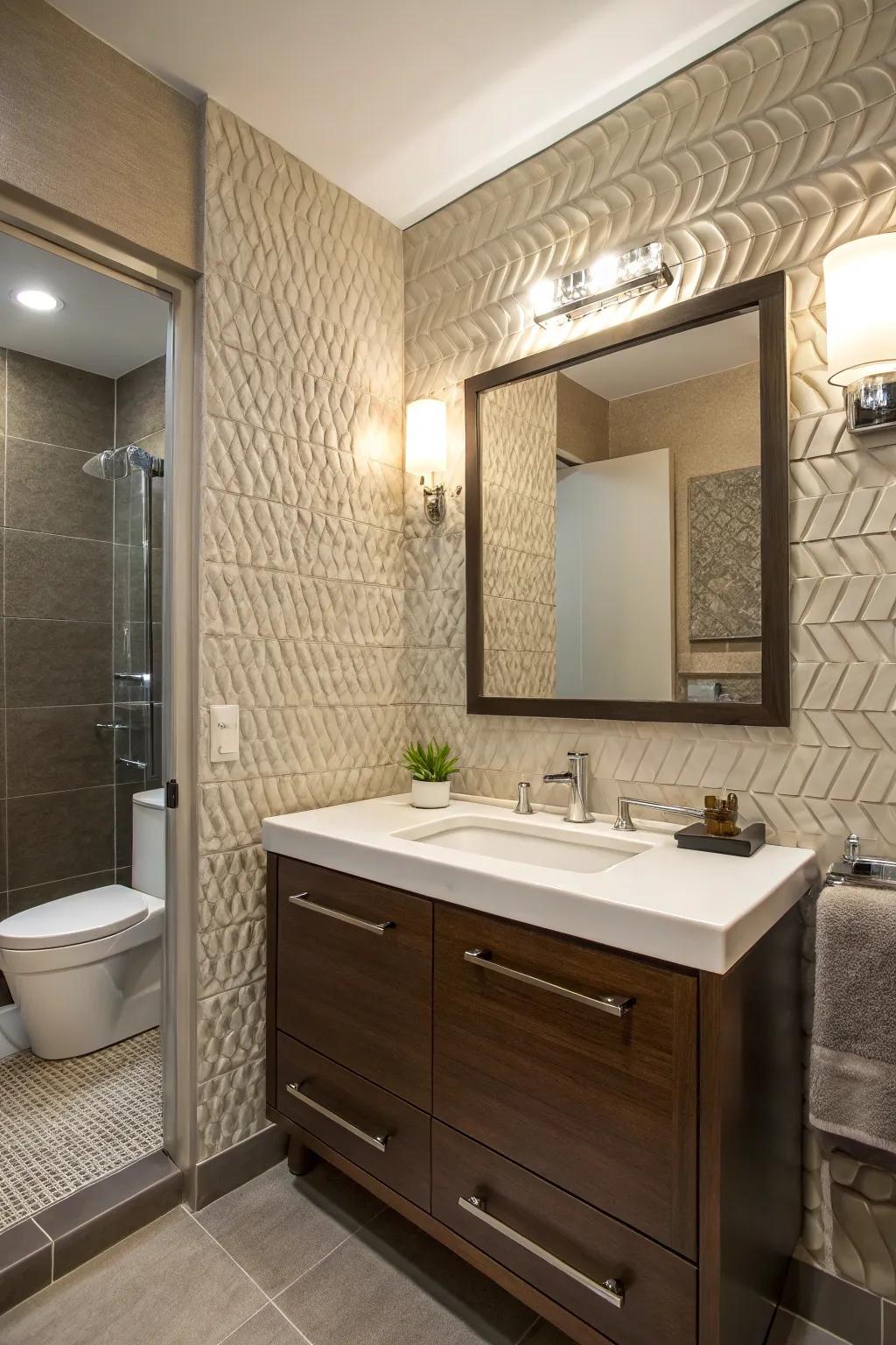 Textured tiles add depth and interest to this guest bathroom.