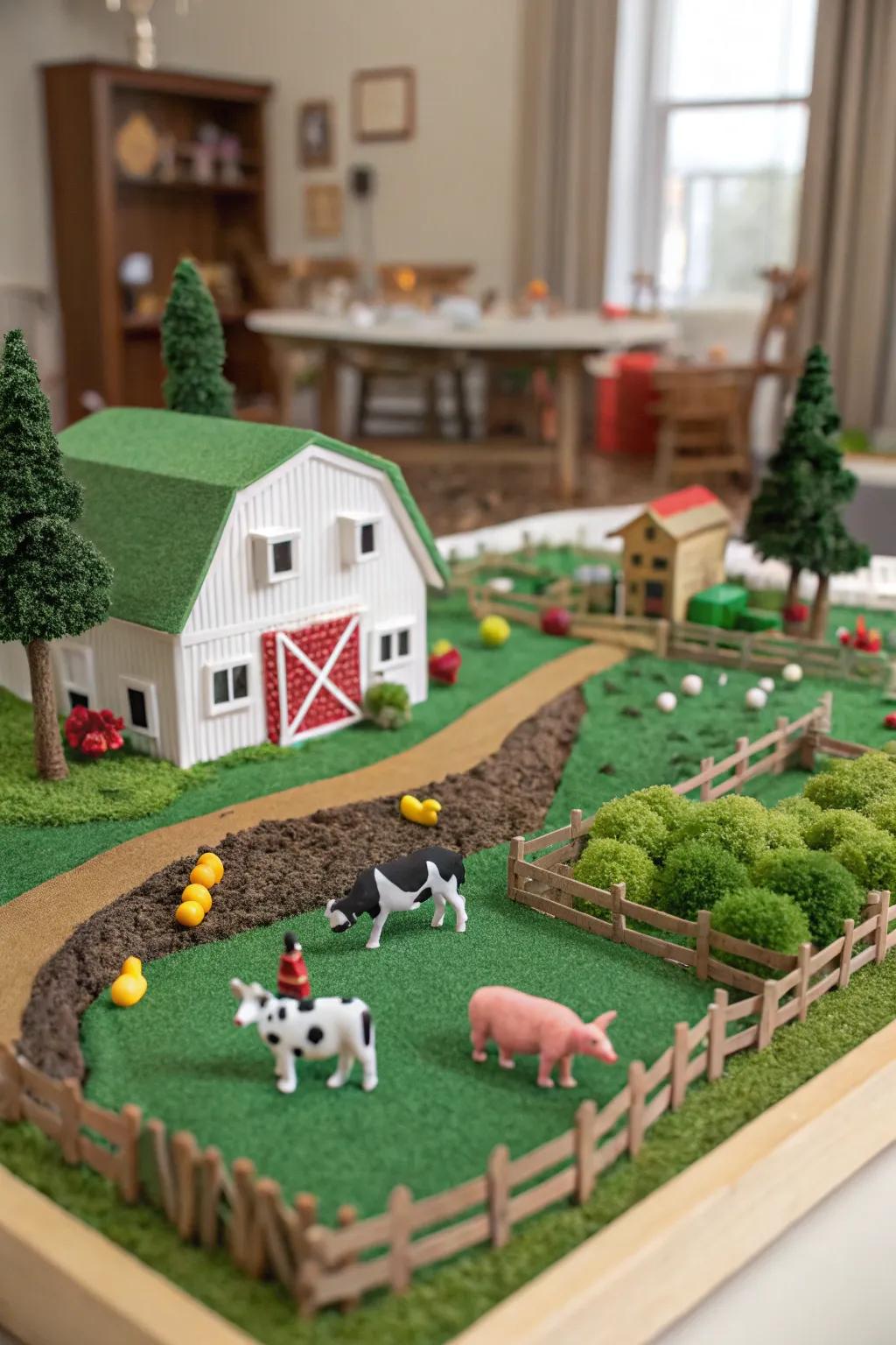 A charming farm habitat diorama with fields and farm animals.