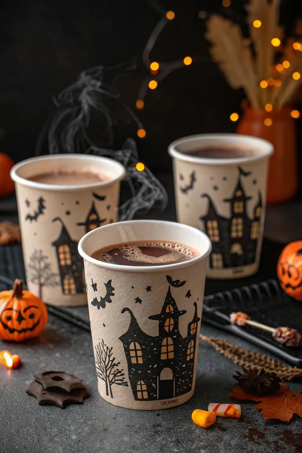 Haunted house hot chocolate warming up the Halloween spirit.