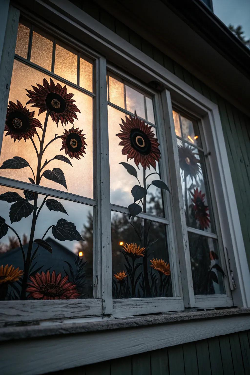 Blend nature with thrill using sinister sunflower window designs.