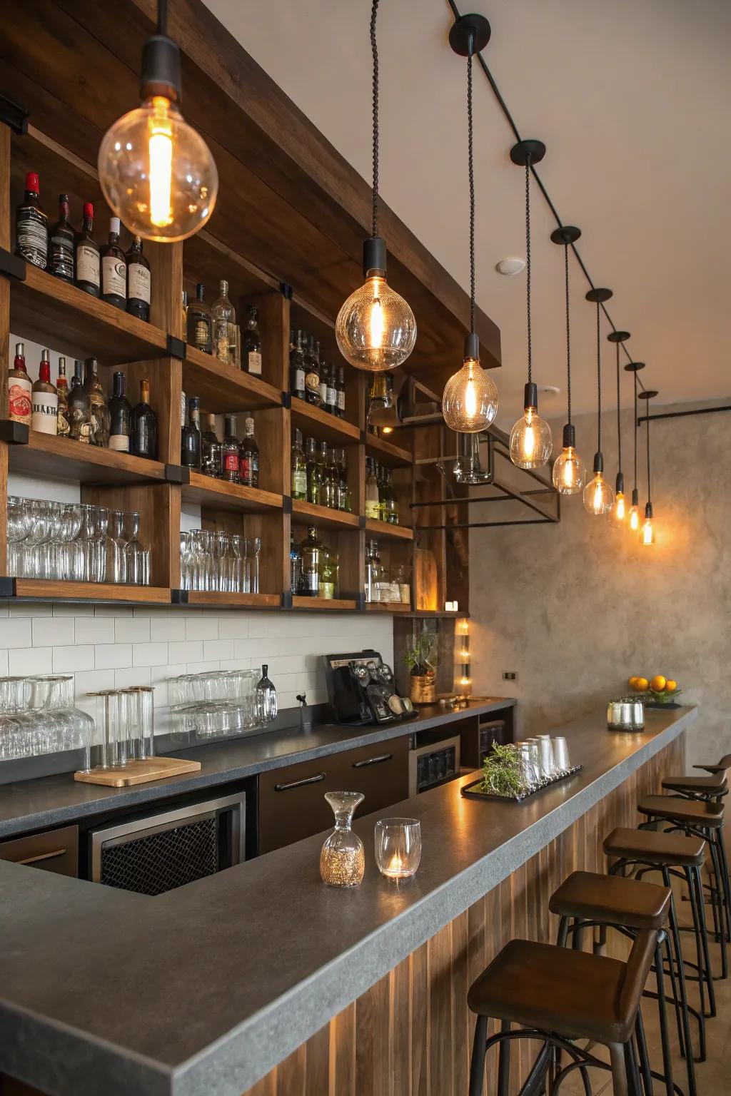 Edison bulbs bring industrial style to home bars.