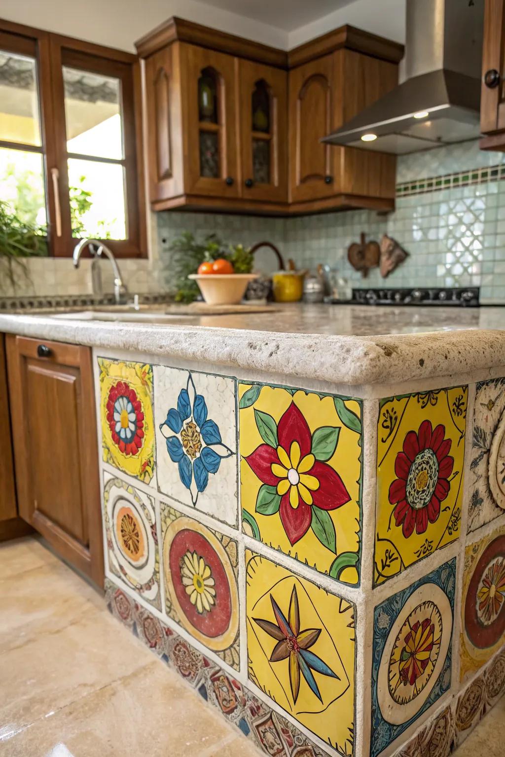 A cheerful tile mosaic that serves as a unique and joyful focal point.