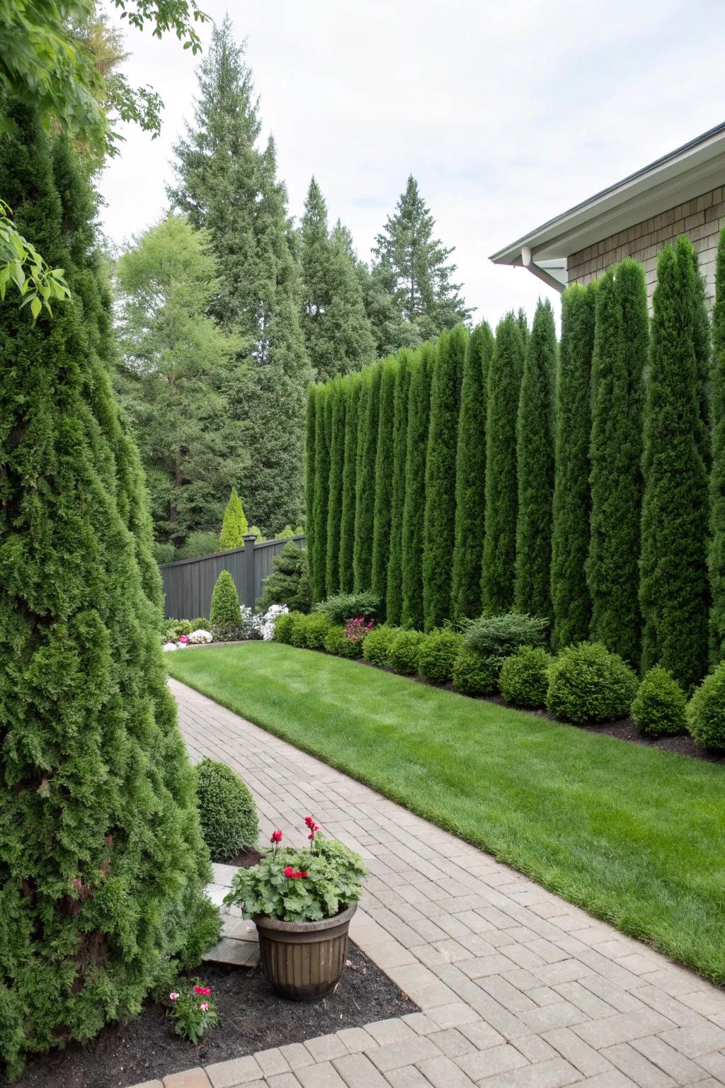 Tall Thuja hedges offering a stately and lush privacy barrier.