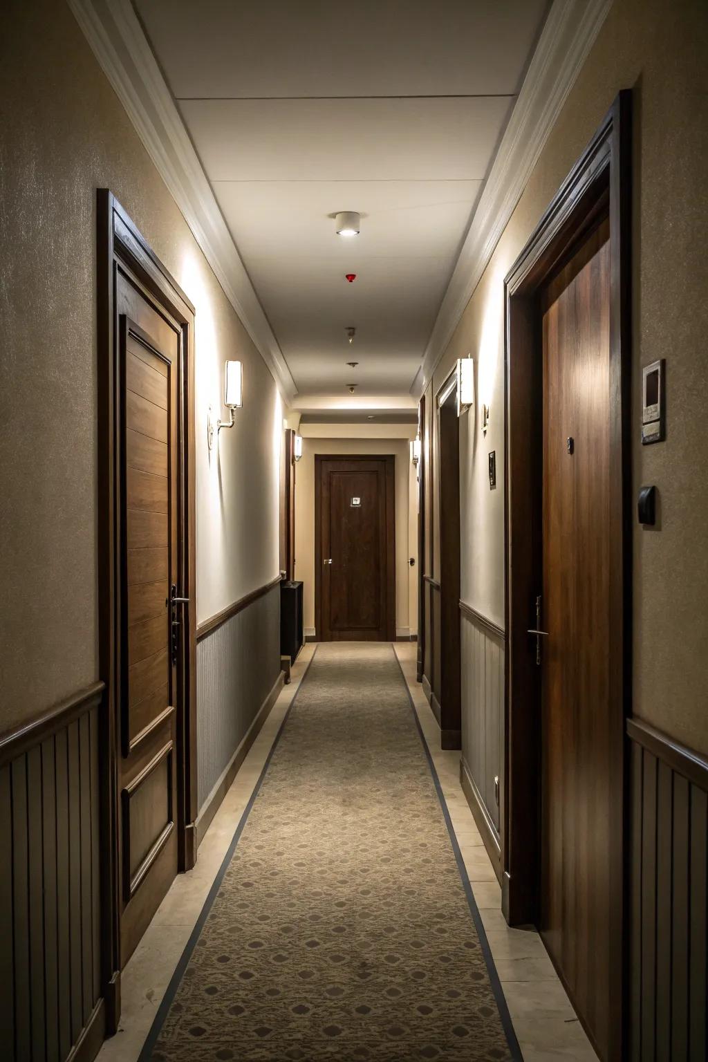 A hallway door hidden by design elements