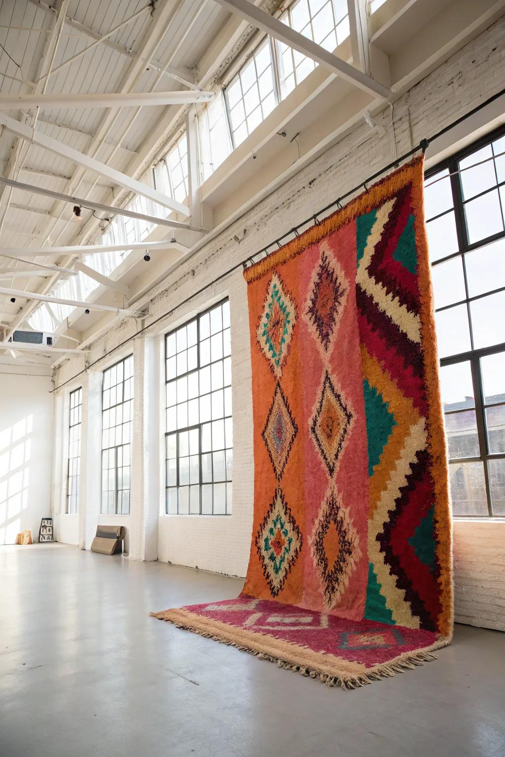 Rugs as wall art add unexpected color and texture to high walls.