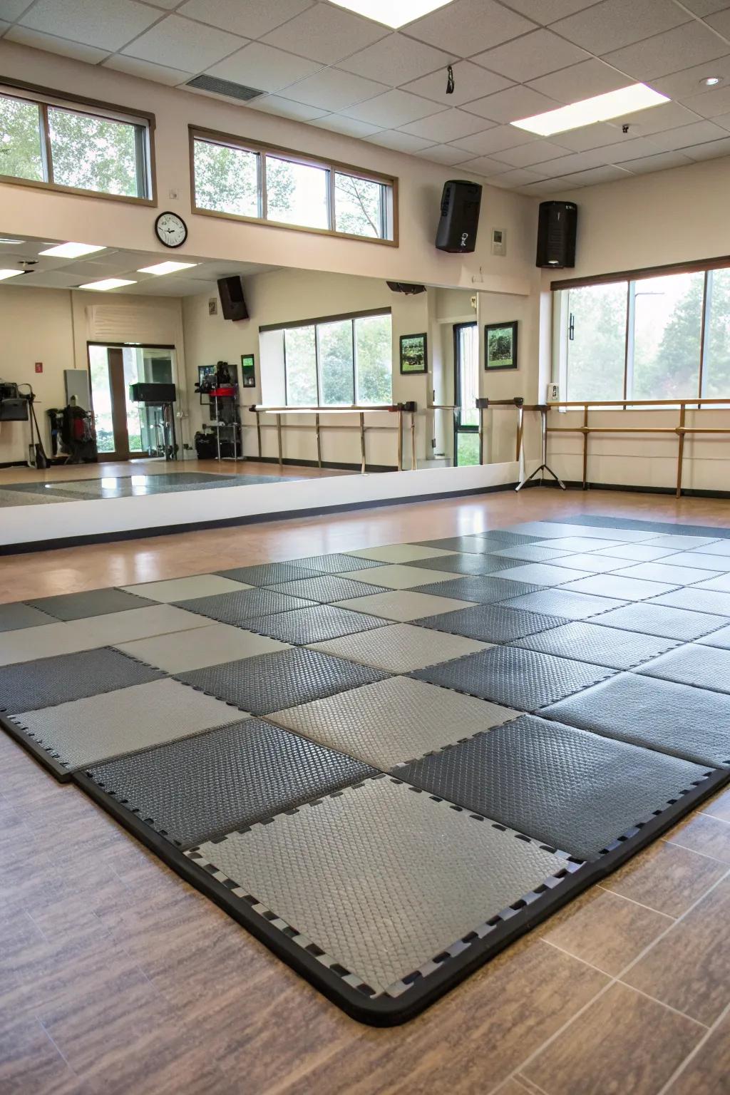 Utilize portable flooring for a flexible and convenient dance area.