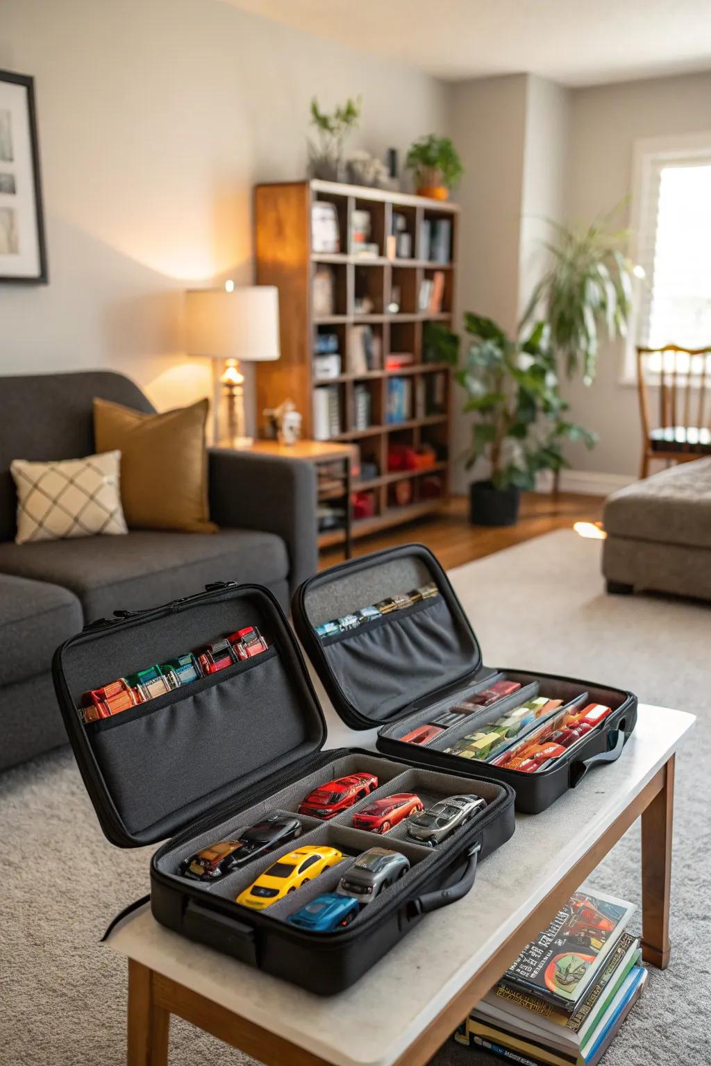 Portable carrying cases offer convenient Hot Wheels storage.