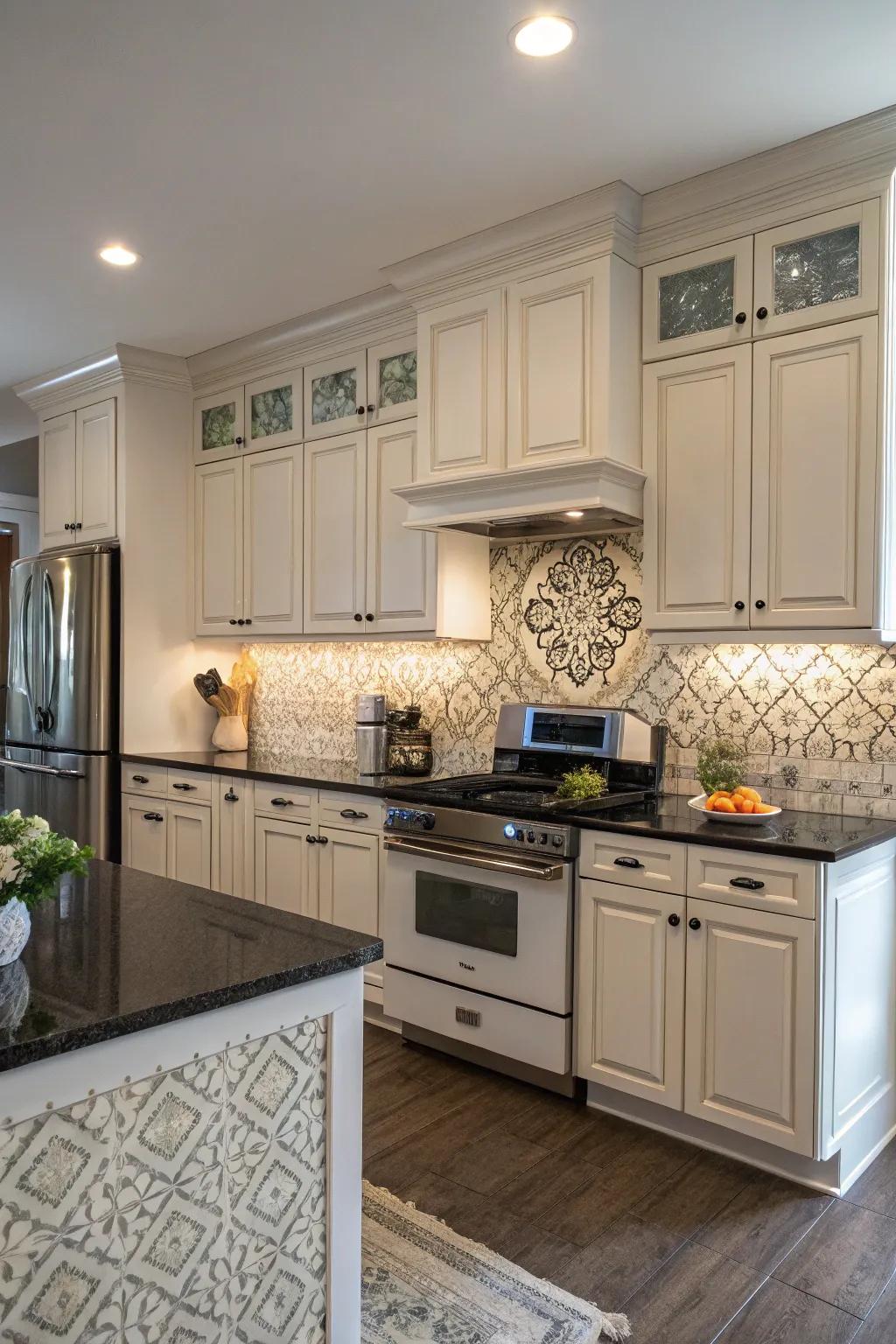 An extended backsplash creates a seamless look above kitchen cabinets.