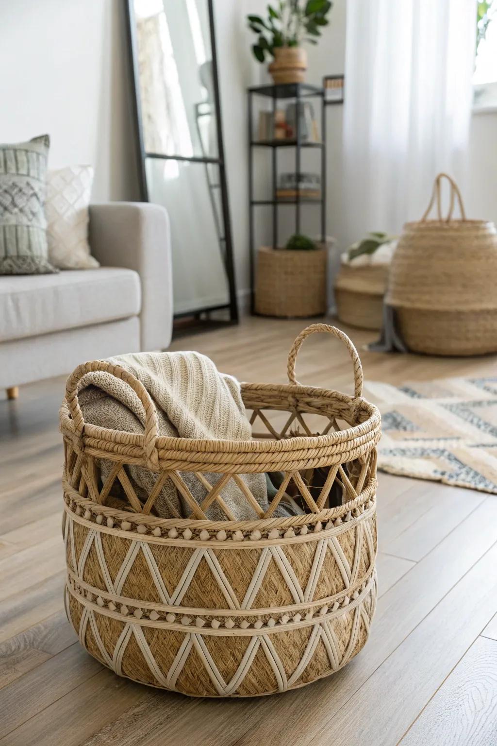 Tidy up with style: Transform cord chaos into a design statement with a chic woven basket.