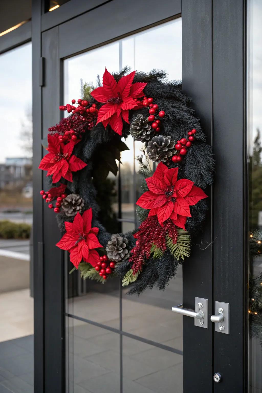 A bold black and red poinsettia wreath on a modern door.