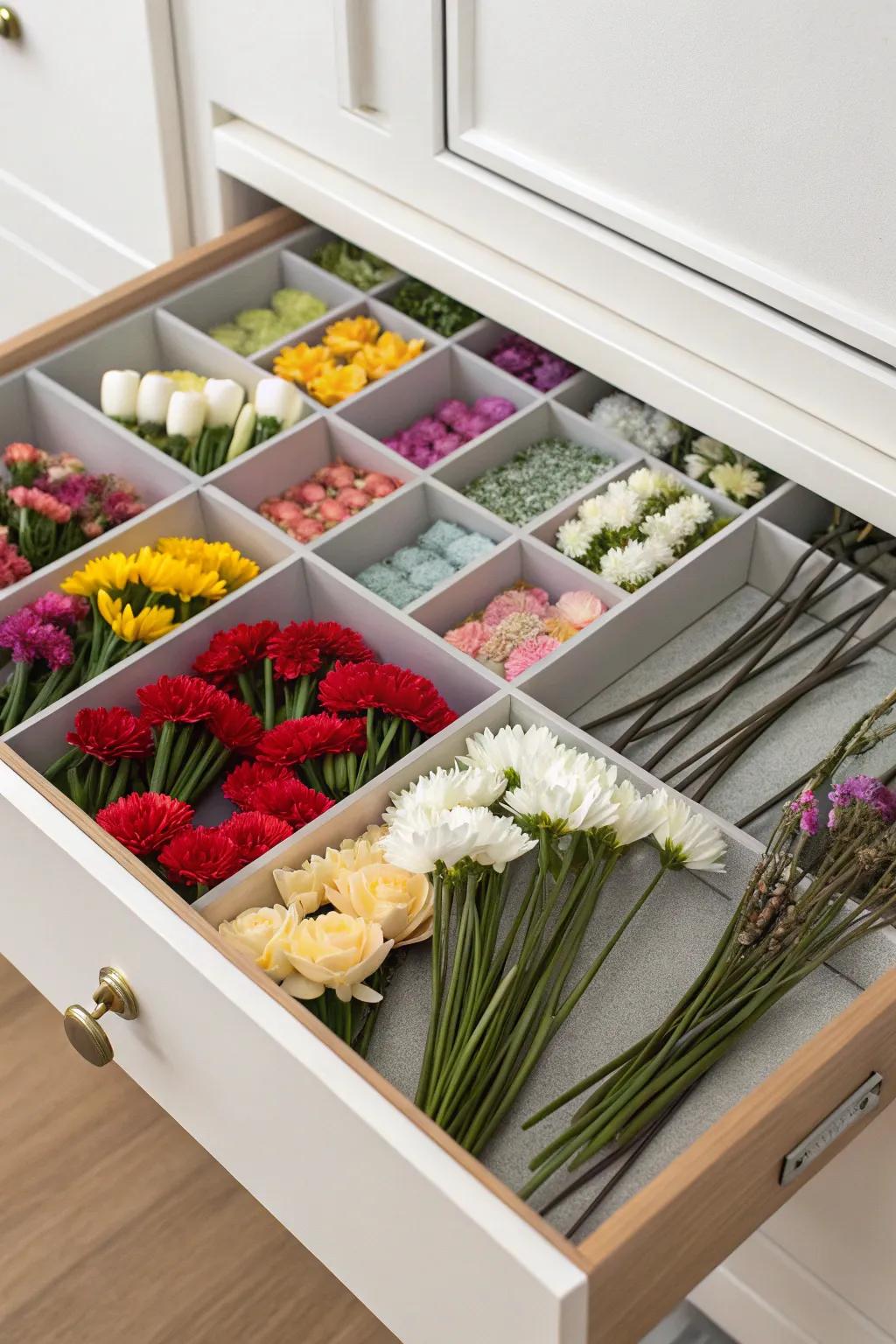 Drawer dividers provide a tidy and organized storage solution for faux flowers.