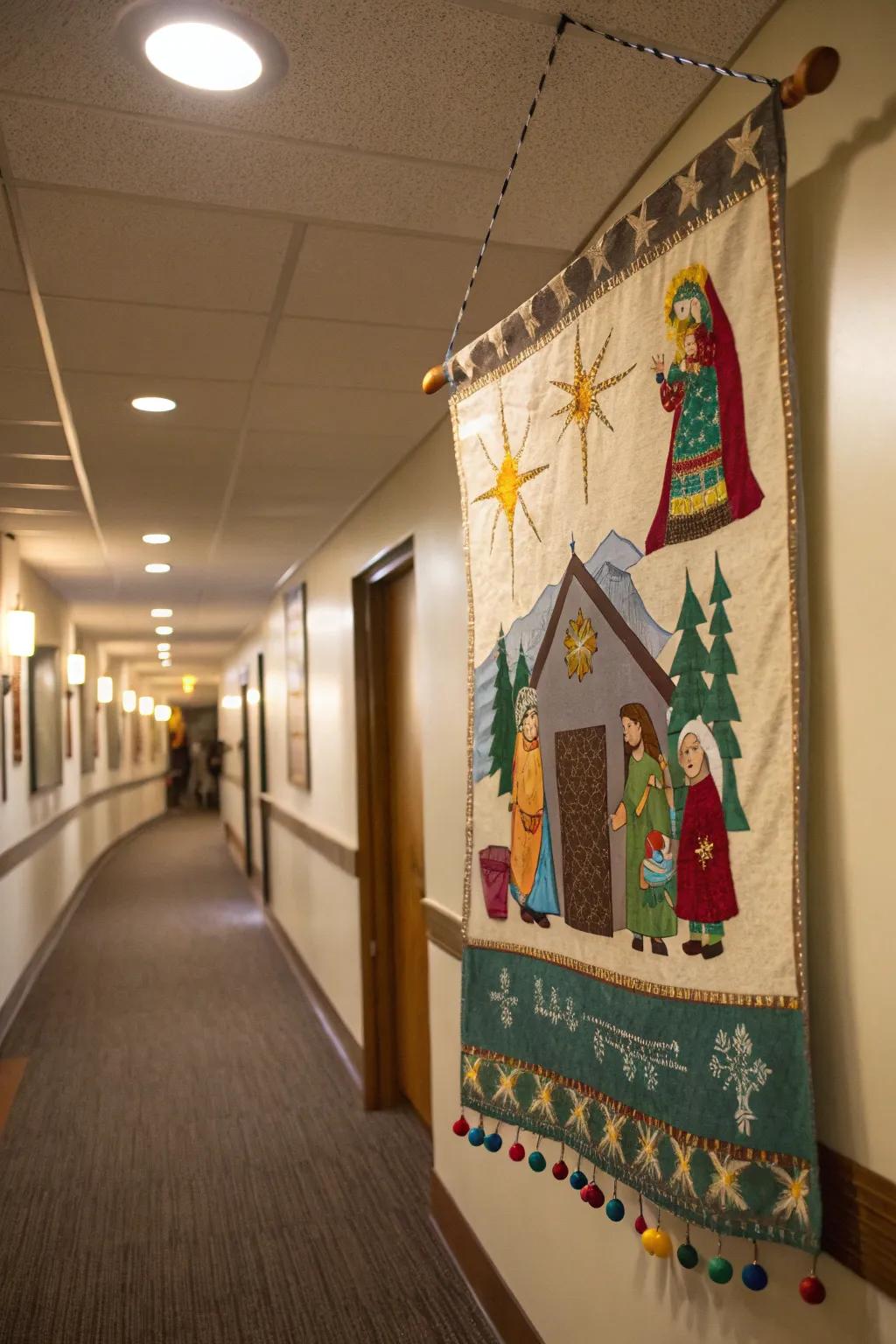 A fabric banner creates an eye-catching wall decoration for the nativity.