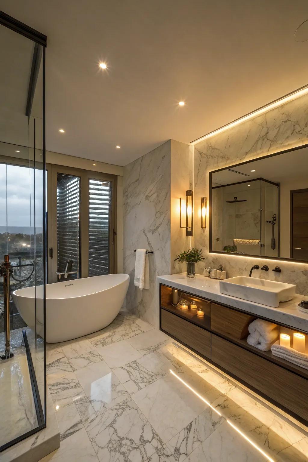 Ambient lighting effects create a soothing and elegant atmosphere in this master bathroom.