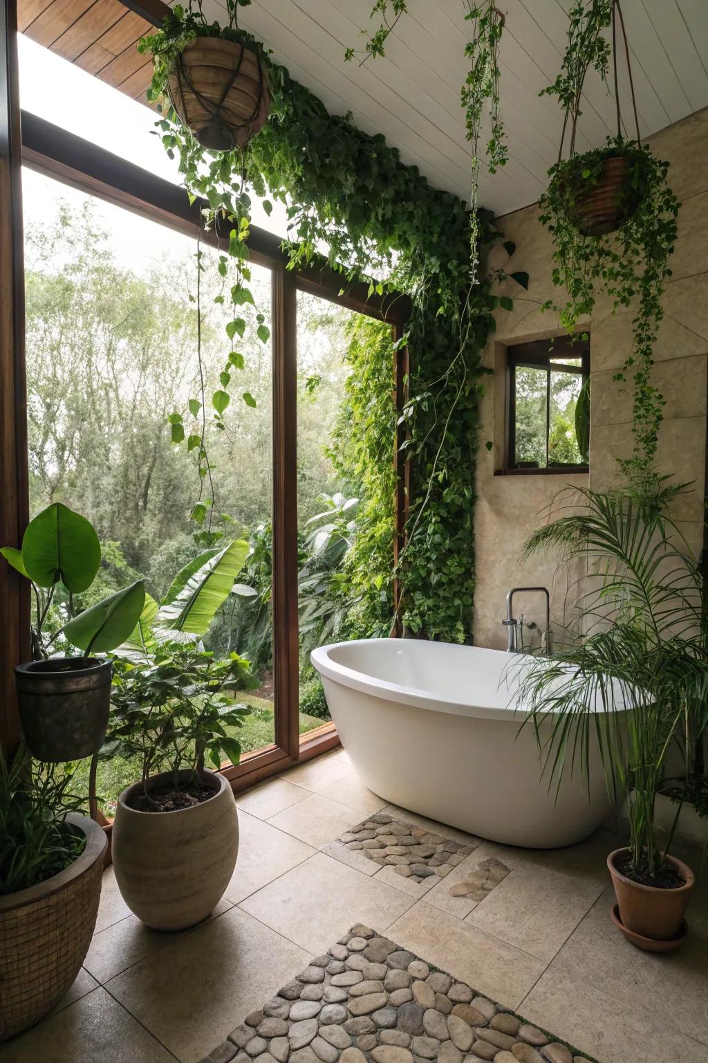 A freestanding tub oasis enhanced by surrounding greenery and natural elements.