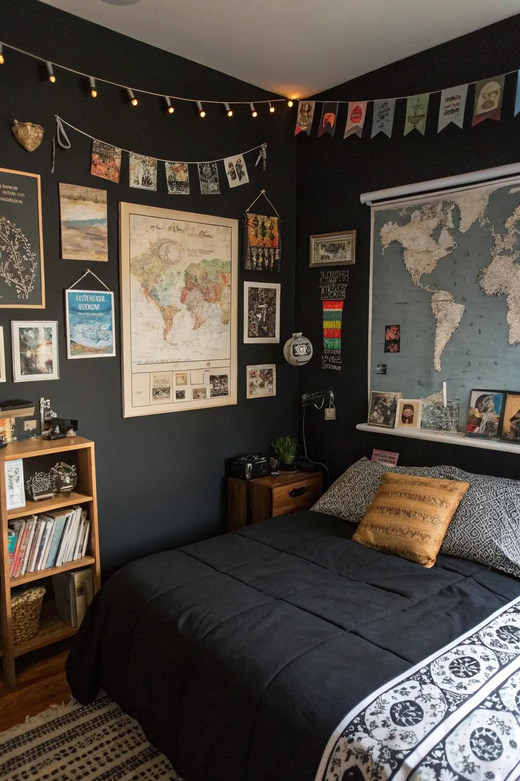 Personalized decor makes this black bedroom uniquely yours.