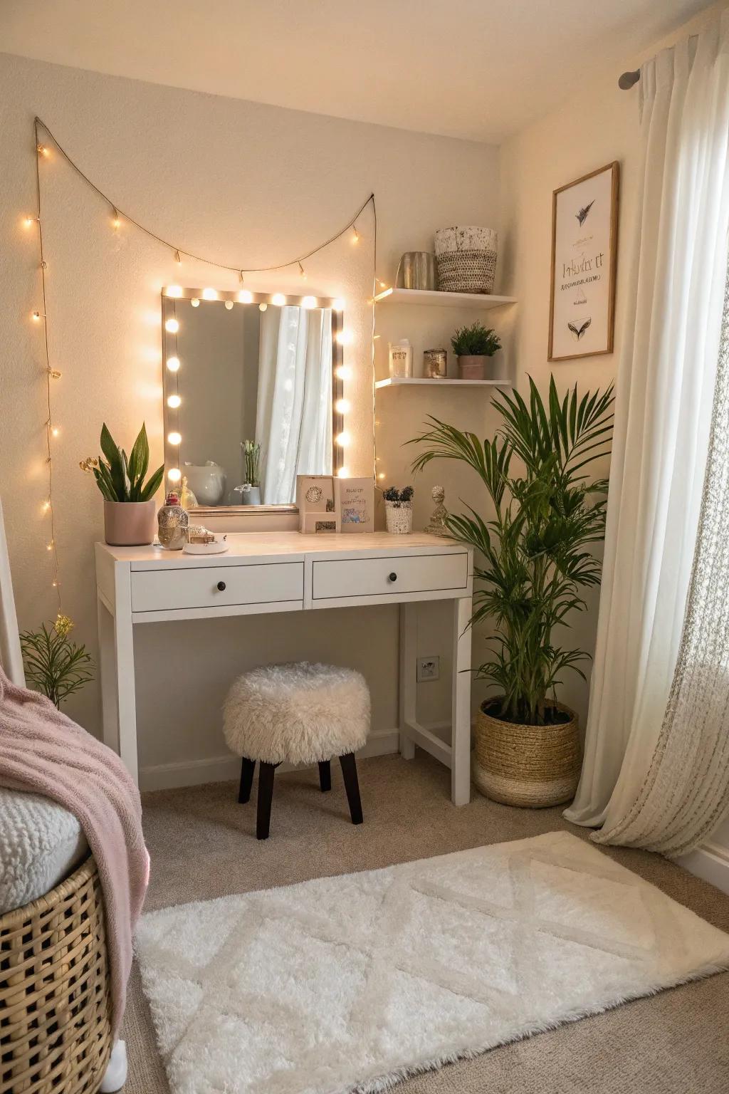 Soft textures enhancing the comfort of a vanity space.