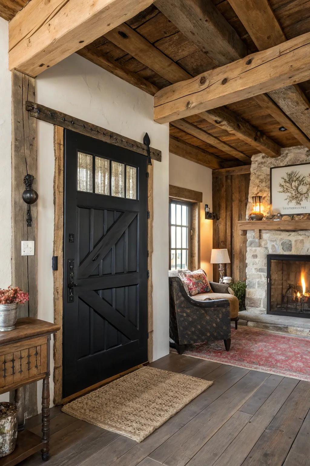 Rustic charm enhanced by the presence of a black door.