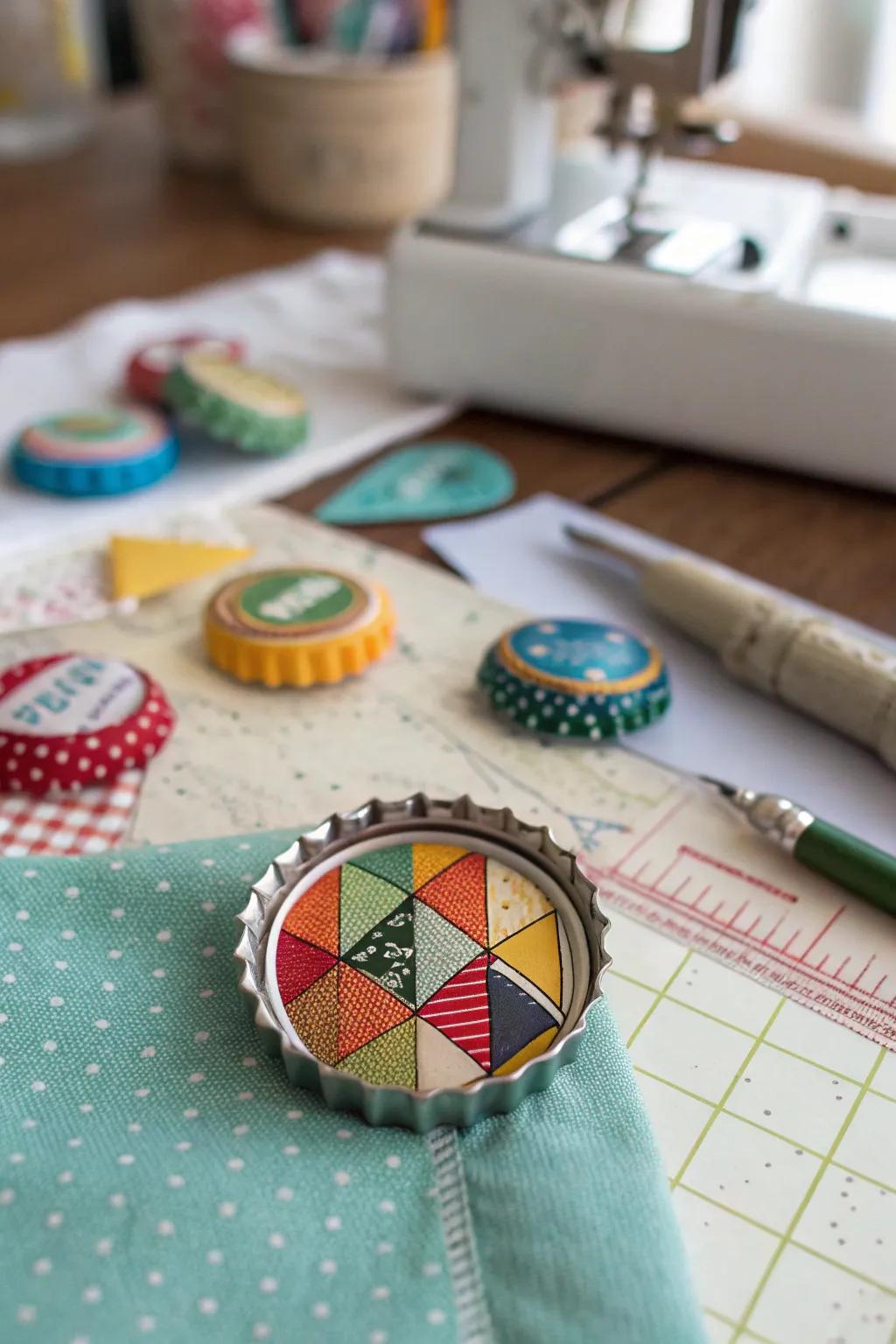 Fabric swatch bottle cap pins for a chic and creative accessory.