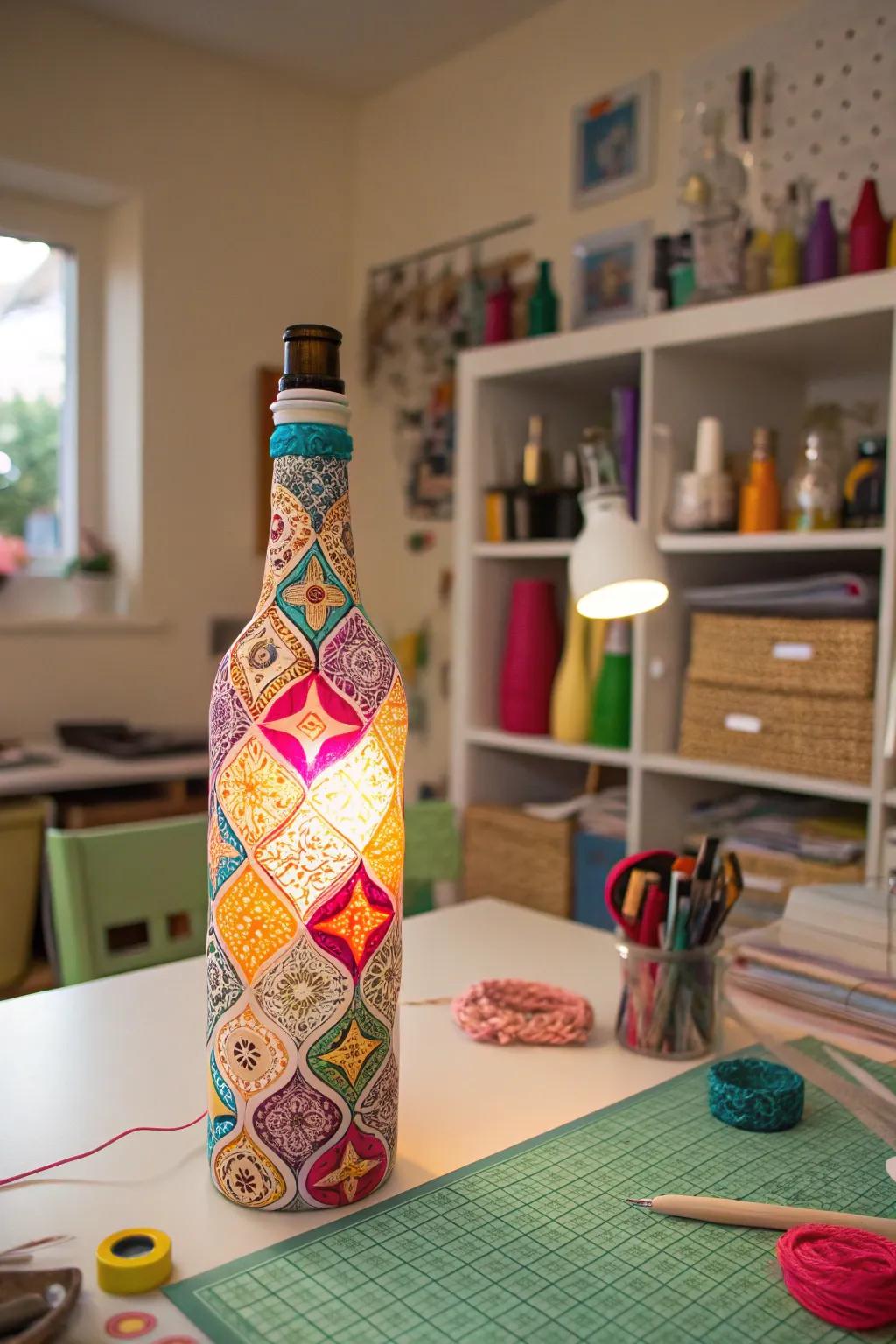 A patterned fabric wrapped bottle lamp for added texture.