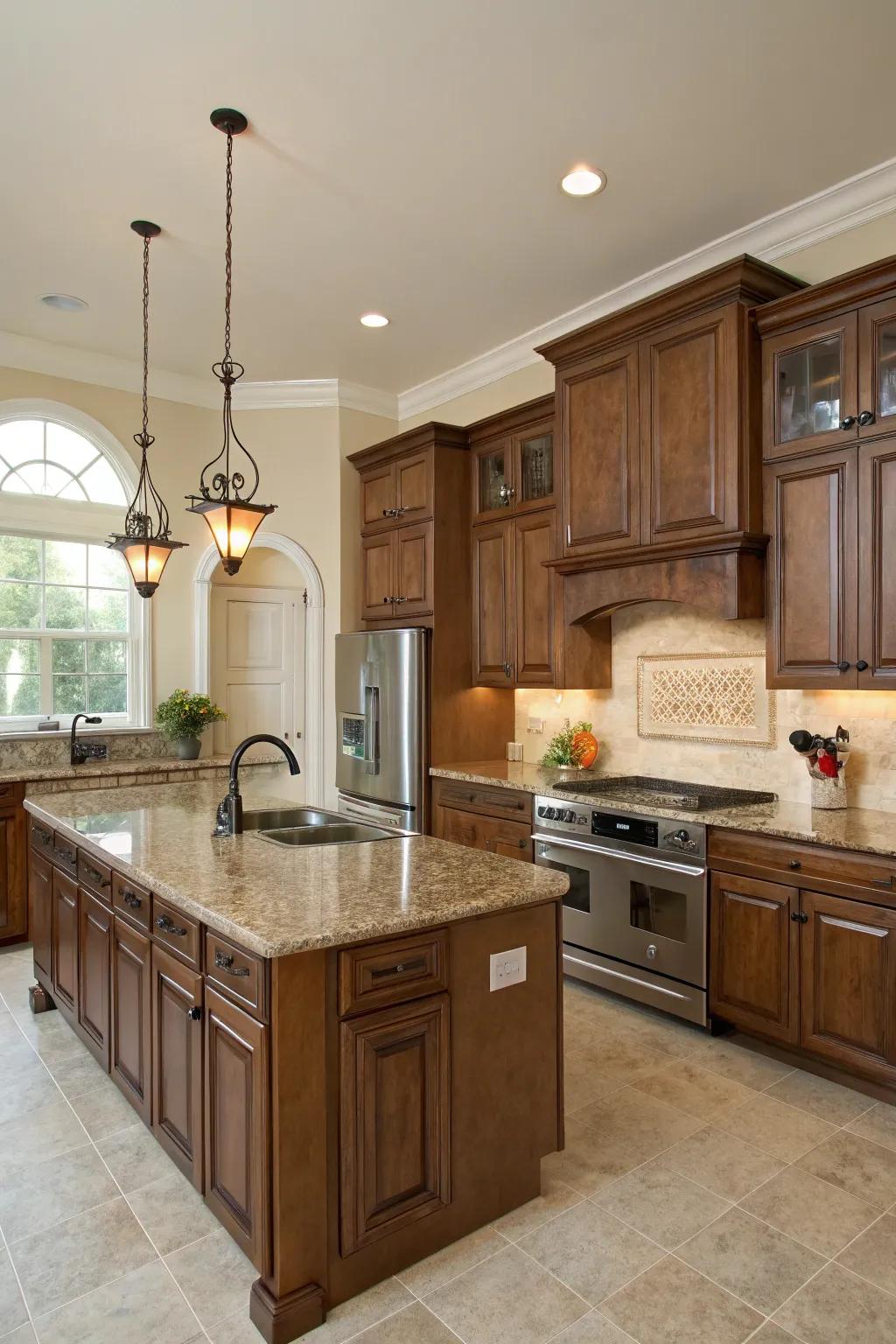 Ivory walls provide a classic neutral backdrop to brown granite countertops.