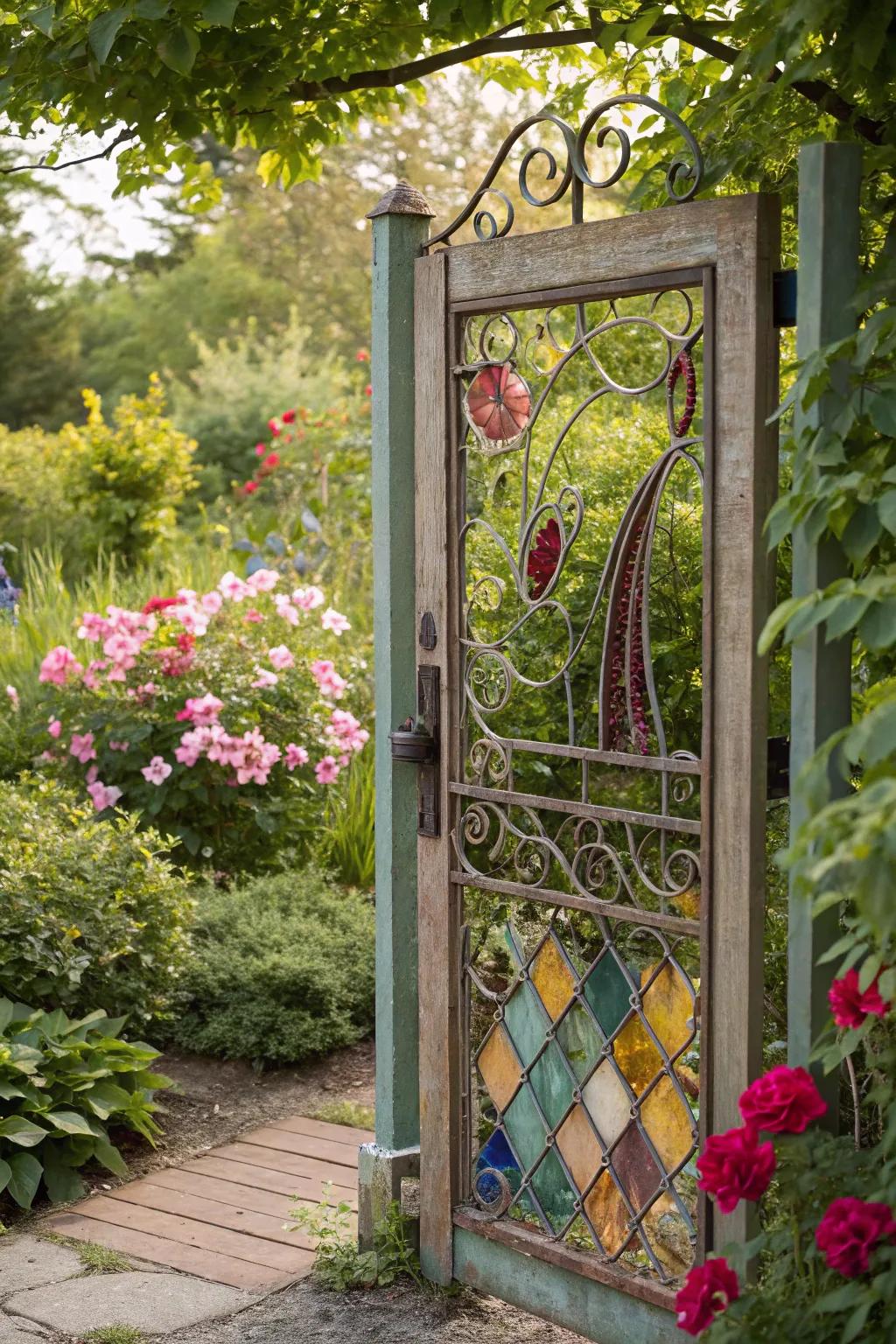 Stained glass inserts in a wire gate add vibrant color and artistry.