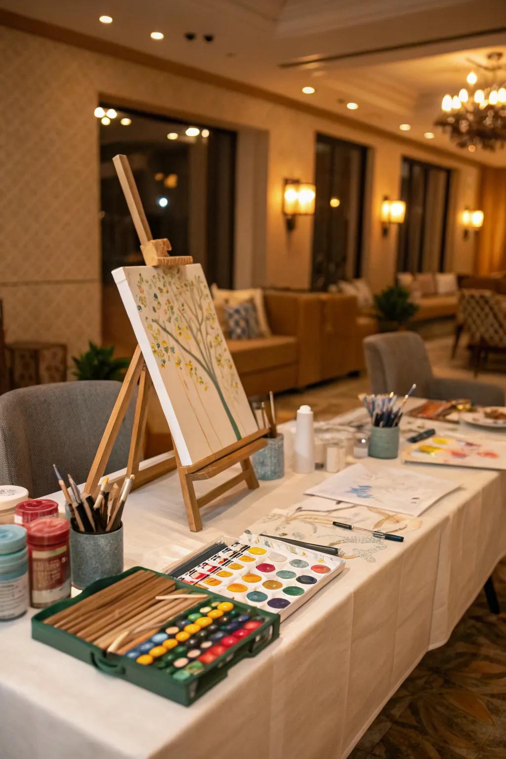 An interactive art table inviting creative contributions from guests.