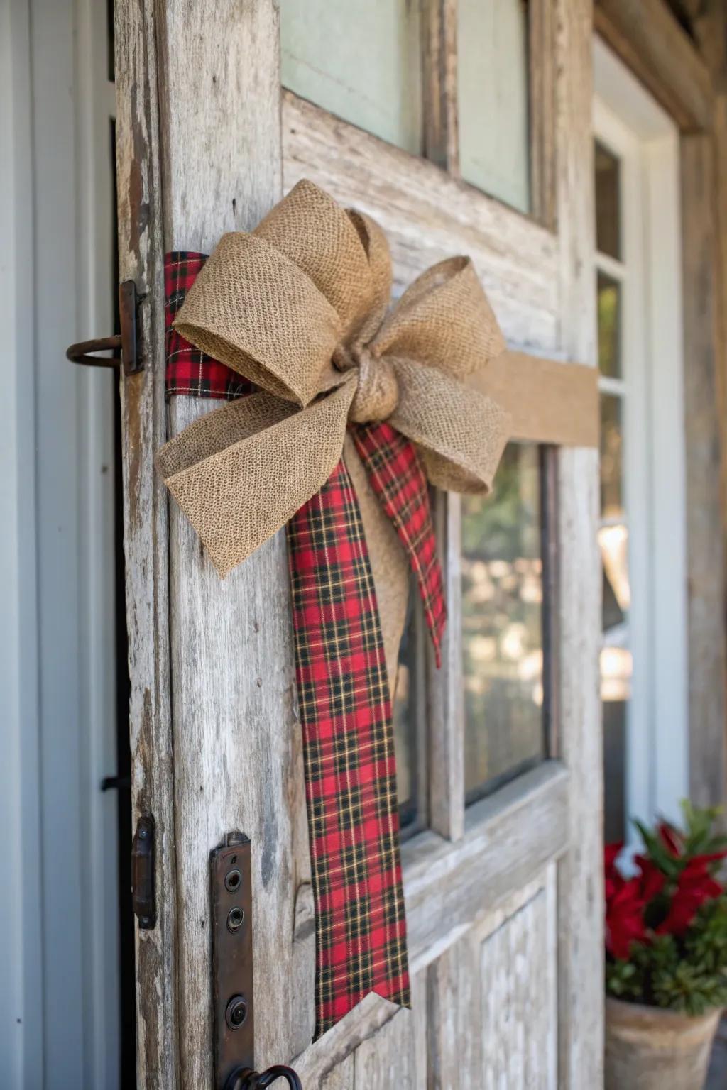 A rustic burlap bow adds farmhouse charm.