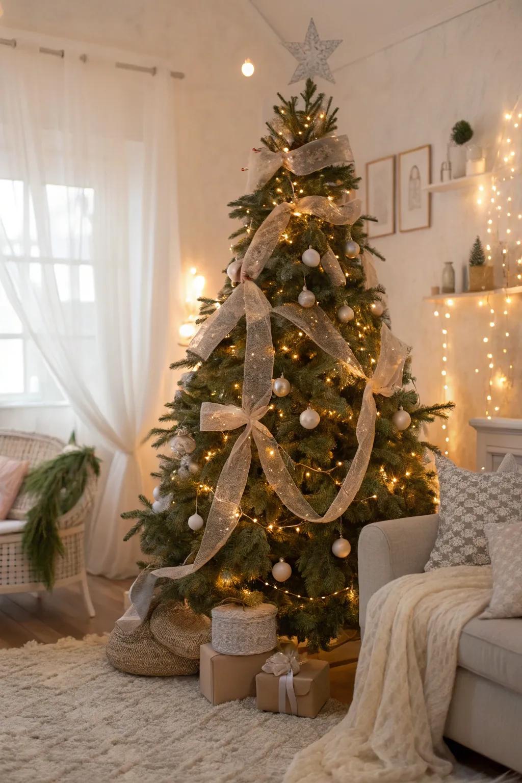 An enchanting Christmas tree featuring sheer ribbons, adding a soft and dreamy quality to the decor.