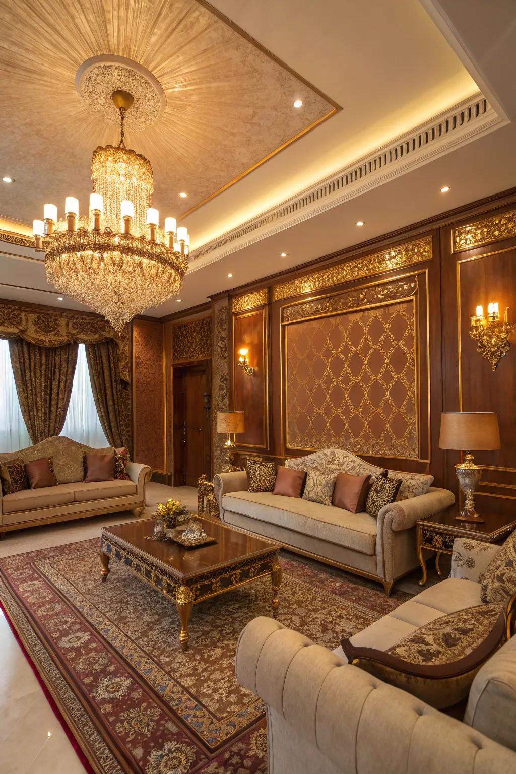 An elegant living room with rust and gold accents.