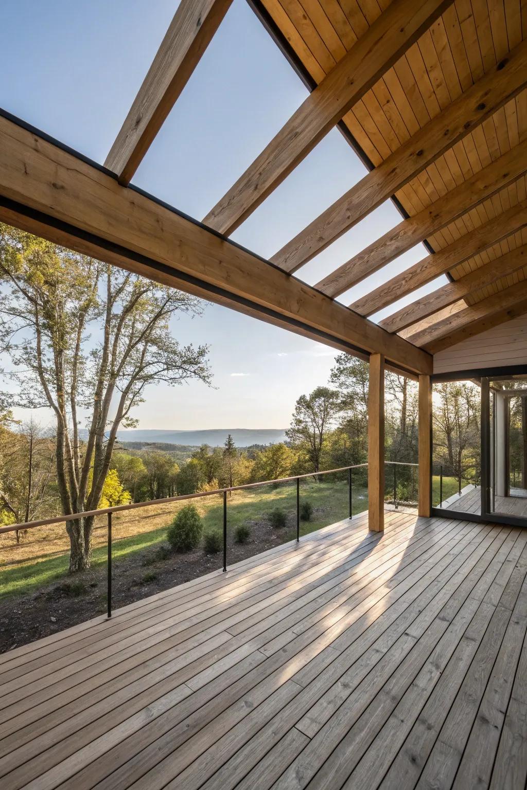 Open rafters provide a balance of protection and openness on this scenic deck.