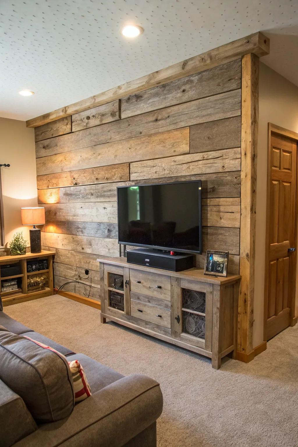 Reclaimed wood backdrop adding rustic charm to a TV wall.