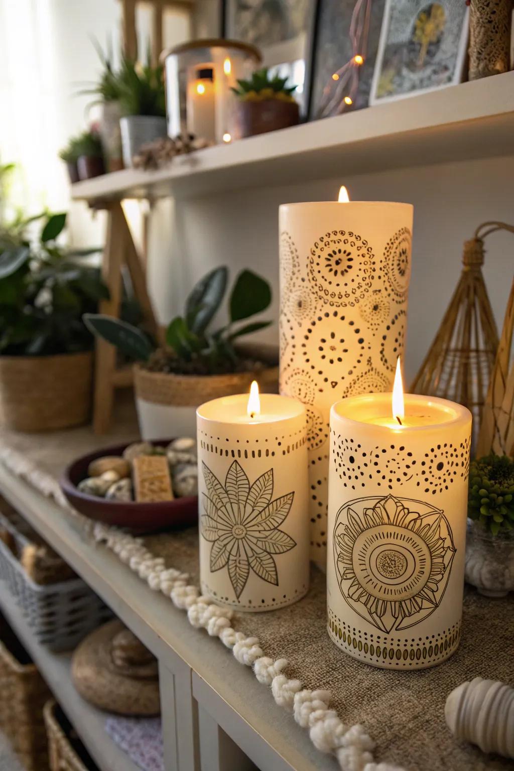 Intricate seed patterns adding an artistic touch to candles.