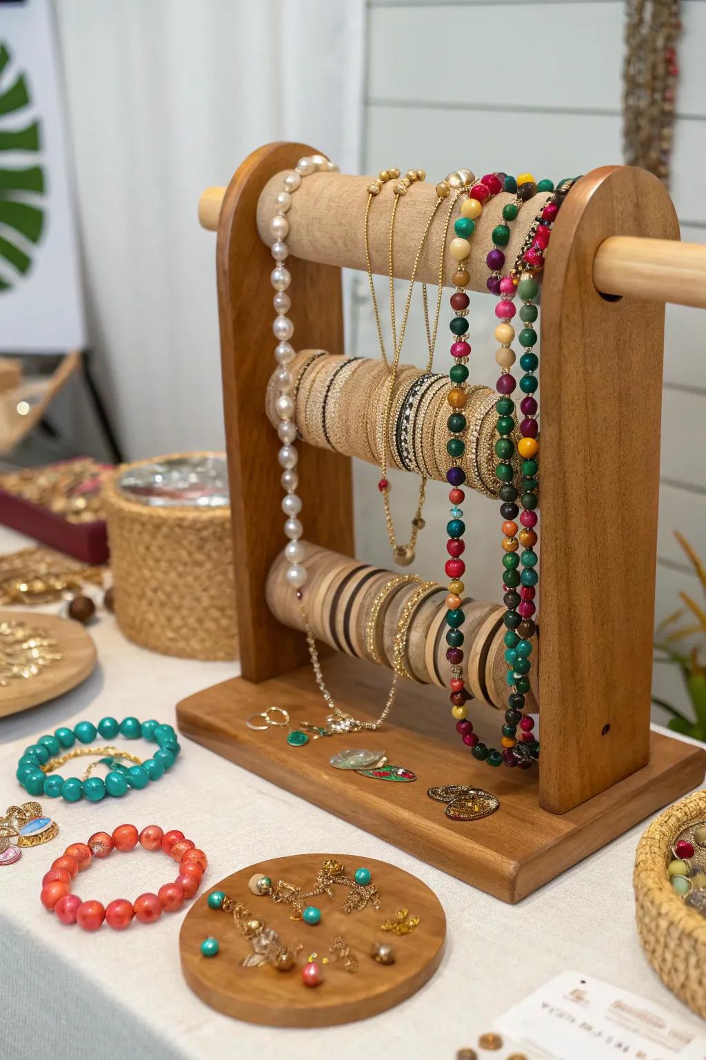 A jewelry stand accentuated with wooden beads.