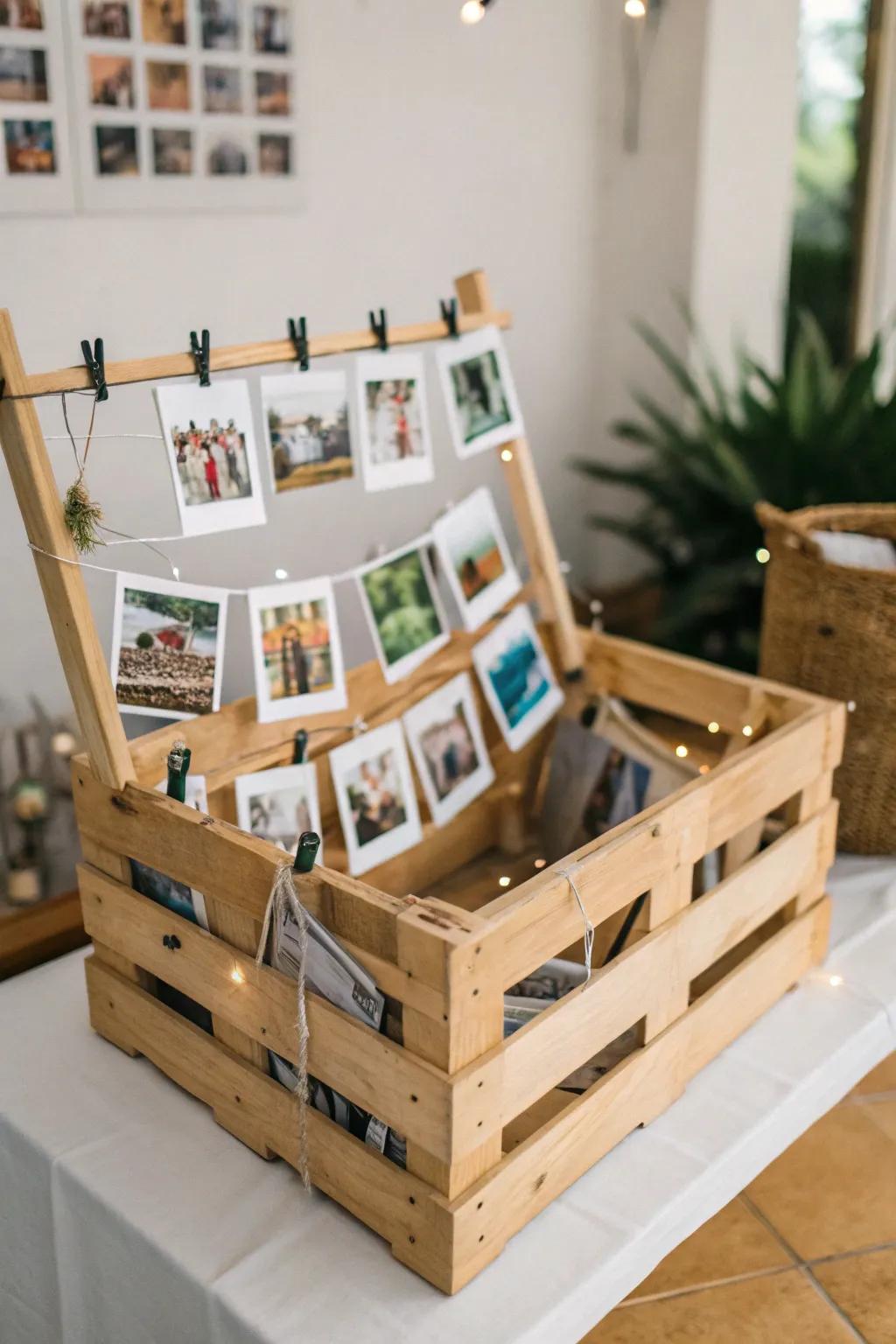 A wooden crate photo display showcases cherished memories creatively.