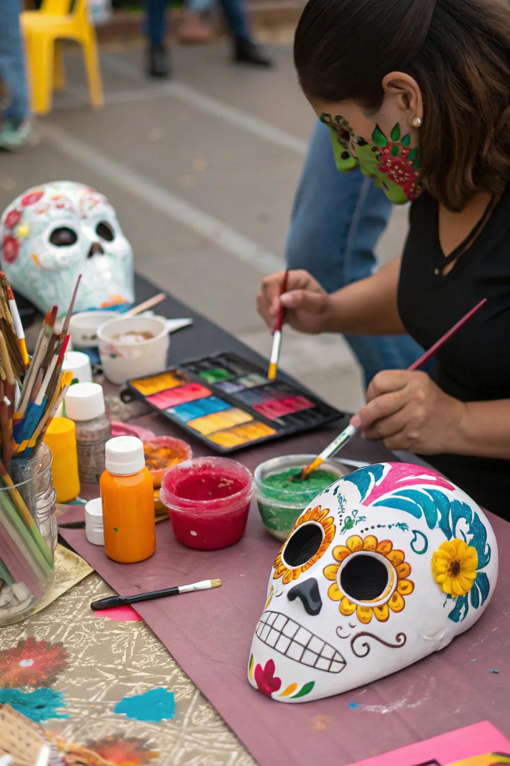 A creative session crafting vibrant calavera masks for the celebration.