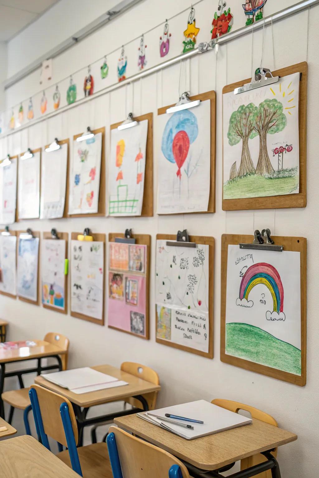 Clipboards mounted on a wall displaying children's art.