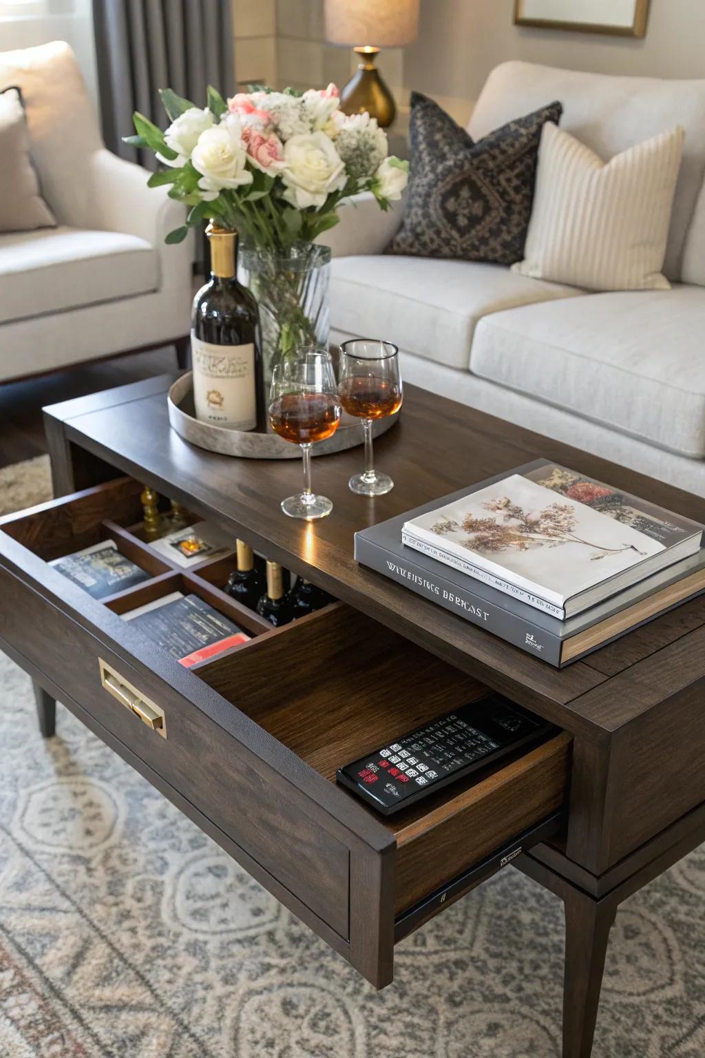 A coffee table with hidden storage doubles as a discreet liquor cabinet.