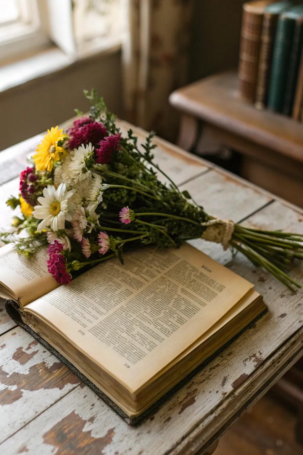 Unique vintage book page flowers for a creative wedding touch.