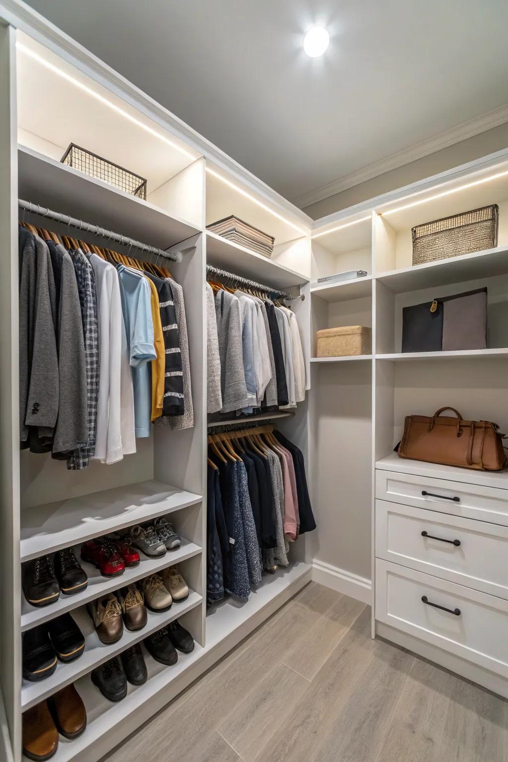 Corner solutions maximize space and enhance closet functionality.