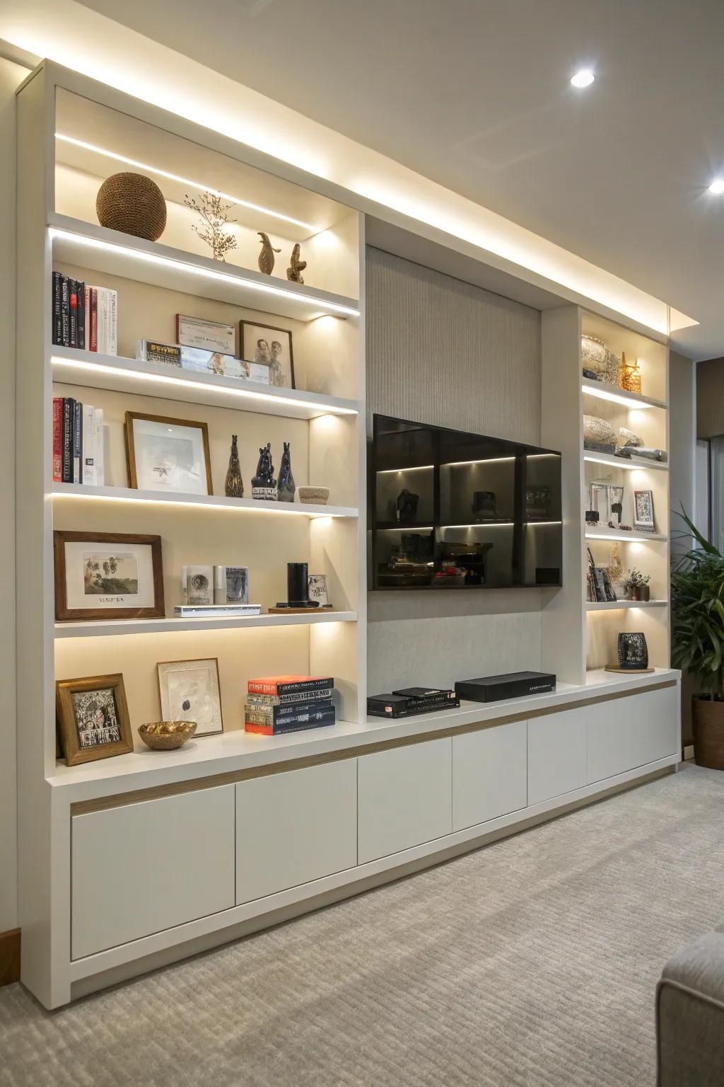 Multi-level shelving adds dimension and interest to this entertainment center.