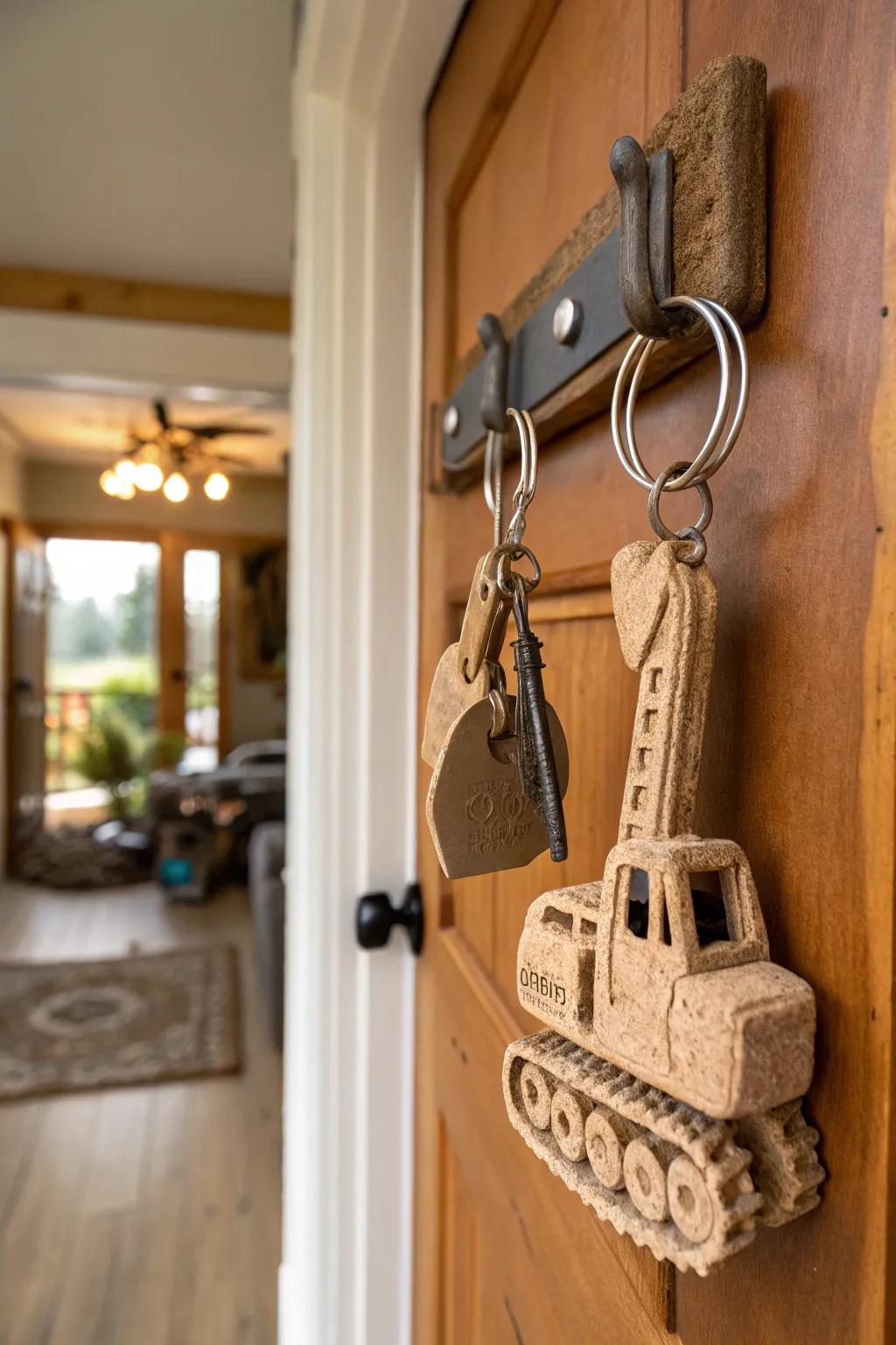 Customized key holders crafted from excavator clay, offering a stylish solution by the front door.