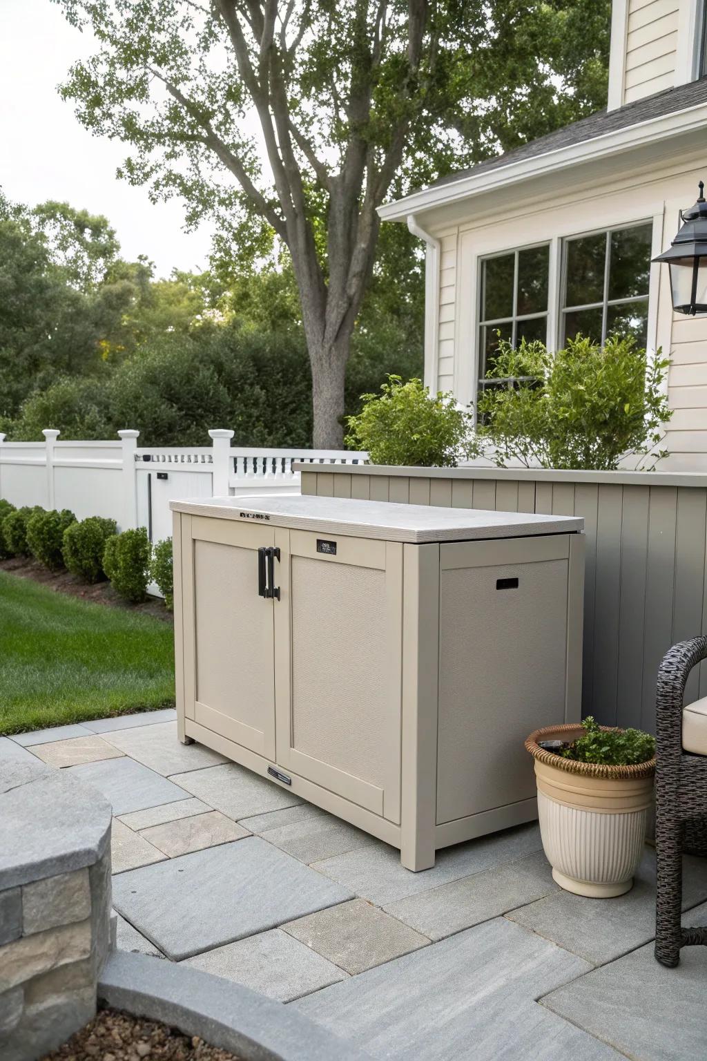 An outdoor cabinet stylishly conceals the generator, matching the patio decor.