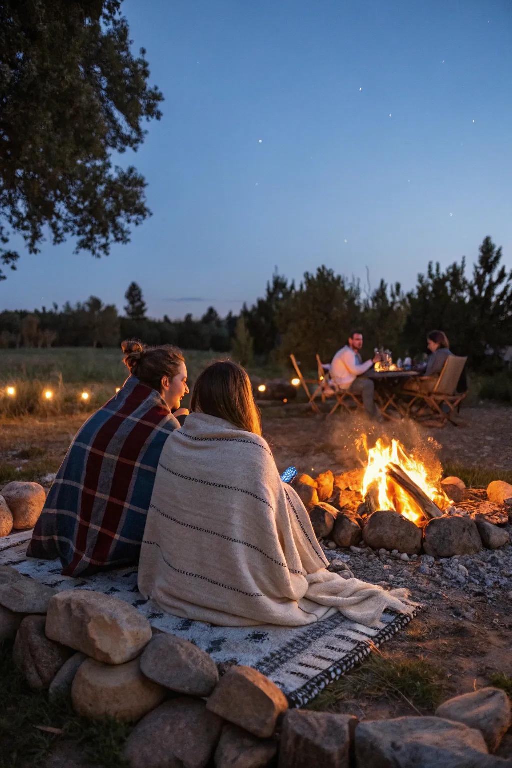 A cozy outdoor bonfire gathering on a chilly night.