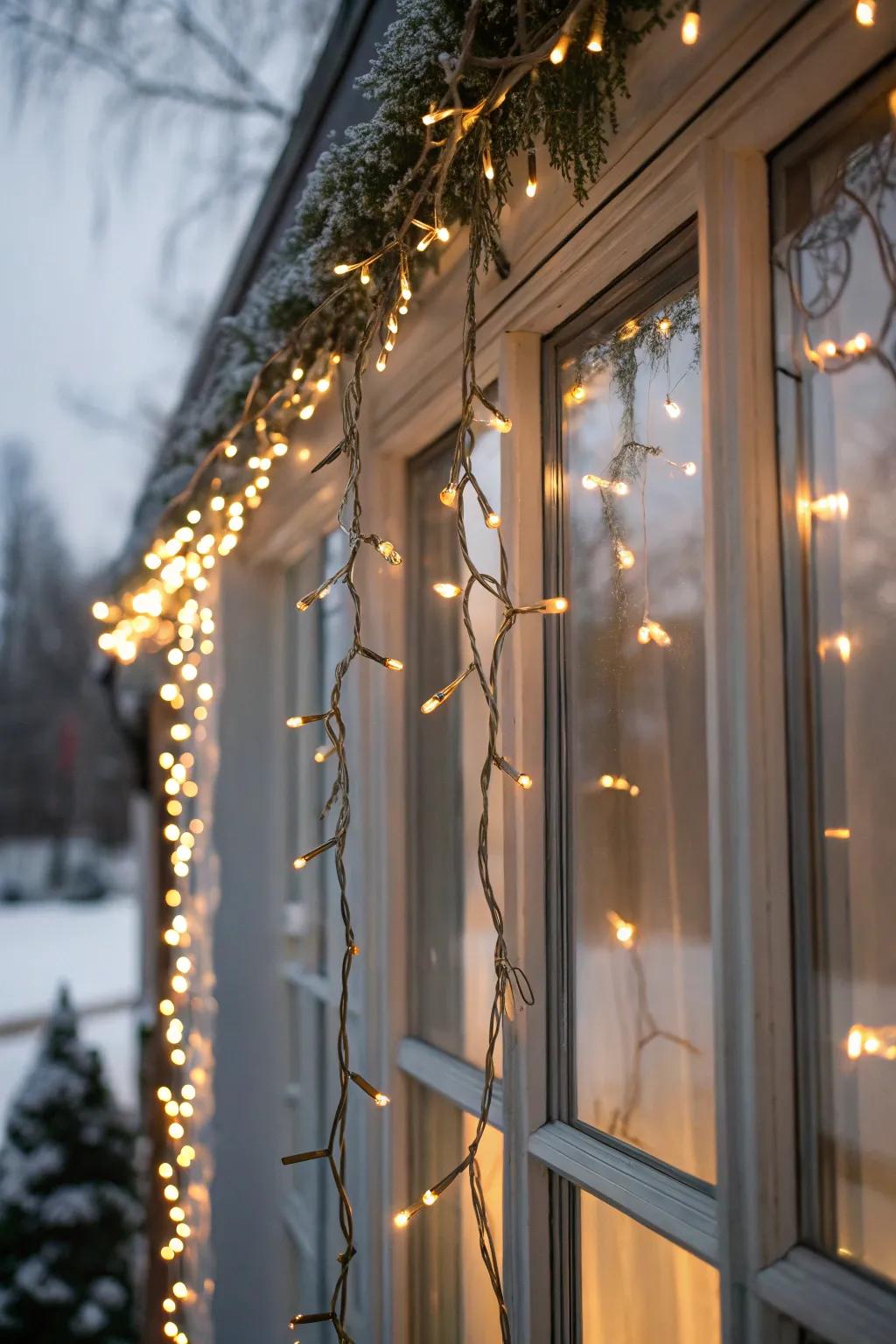 Icicle lights creating a frozen wonderland effect in a window.