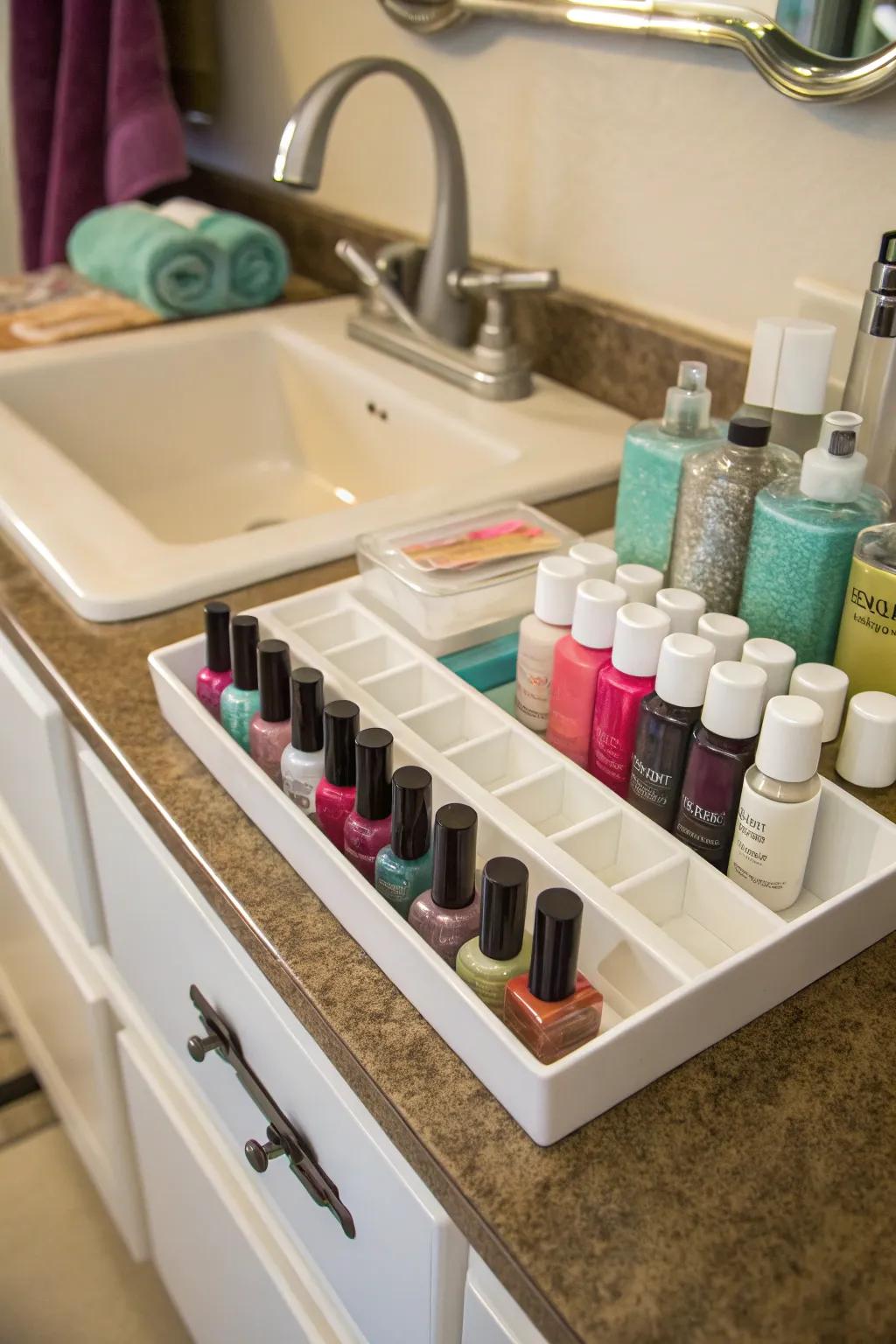 An under-sink organizer keeps your nail polish collection hidden yet accessible.