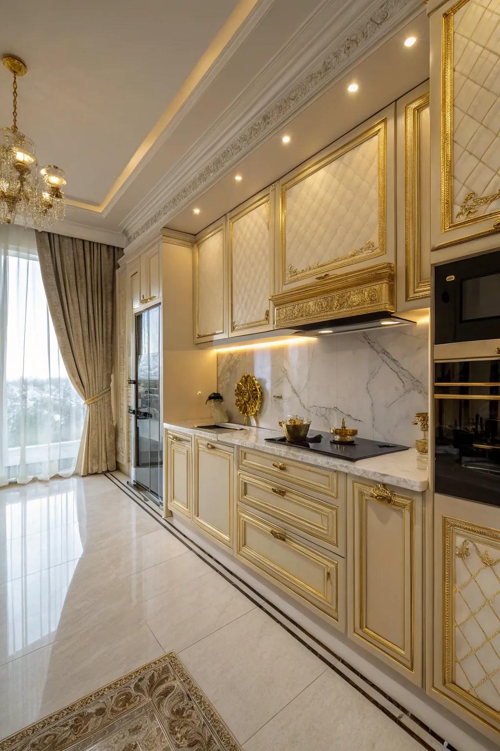 A luxurious kitchen with elegant gold accents.