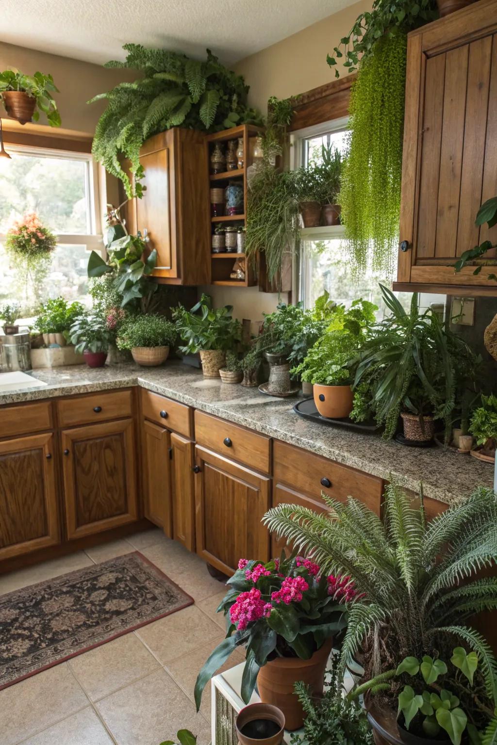 Indoor plants bring life and color to a kitchen, enhancing its atmosphere.