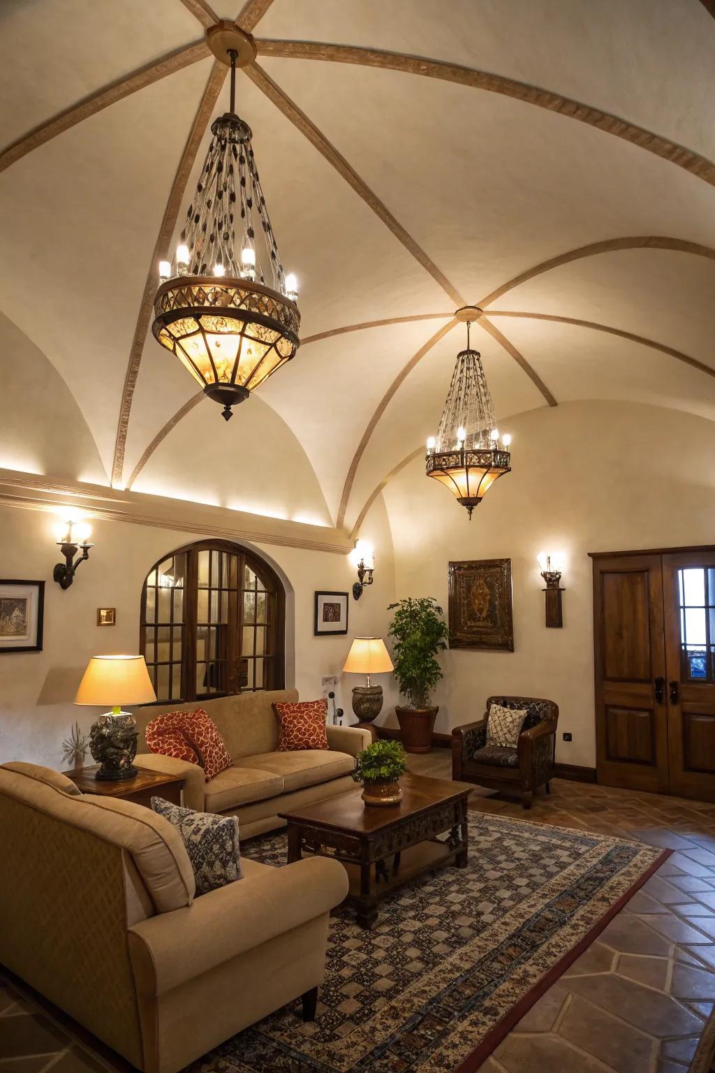 Decorative bulbs add a unique touch to lighting in a vaulted ceiling space.