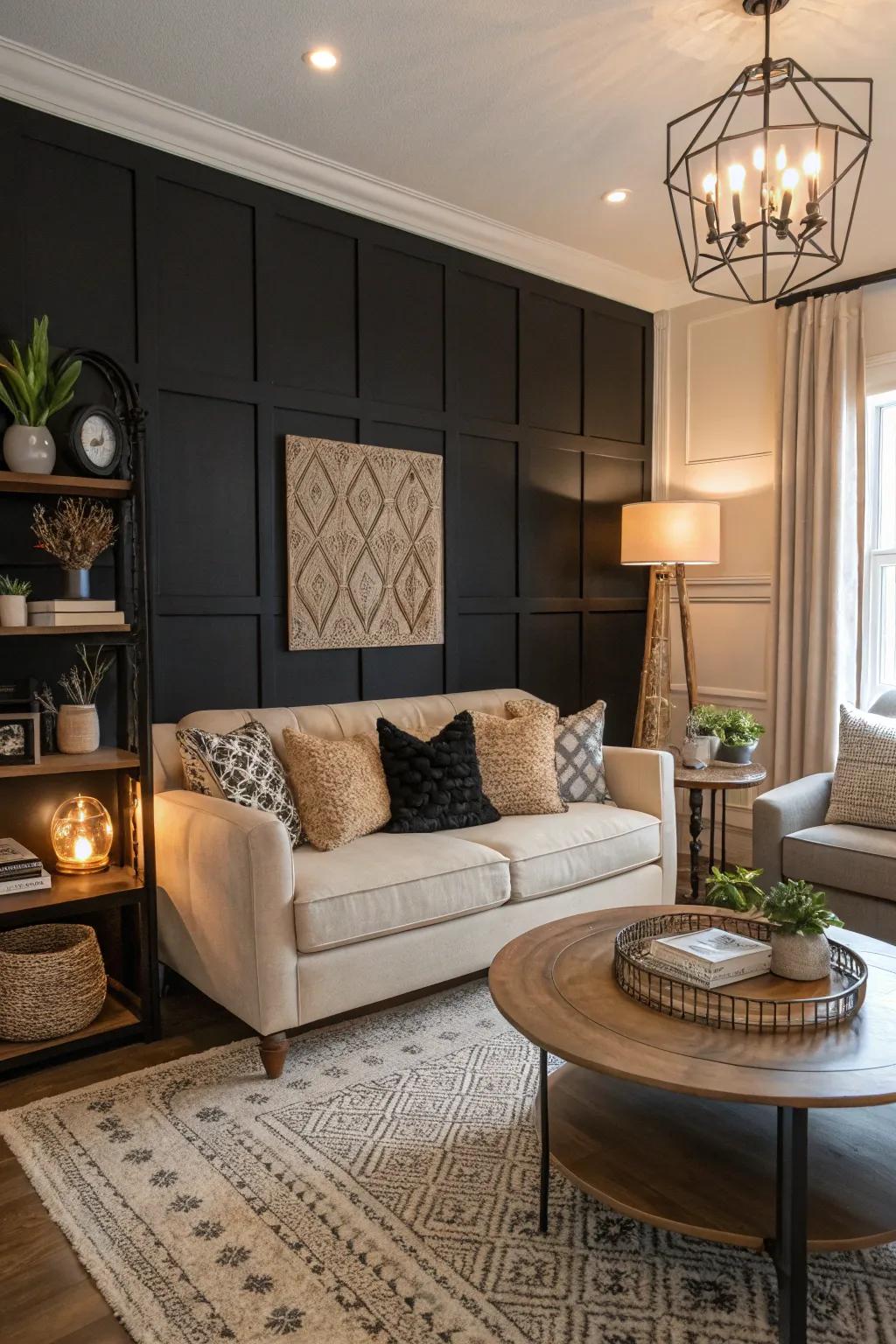 A black accent wall adds drama and sophistication to this chic living room.