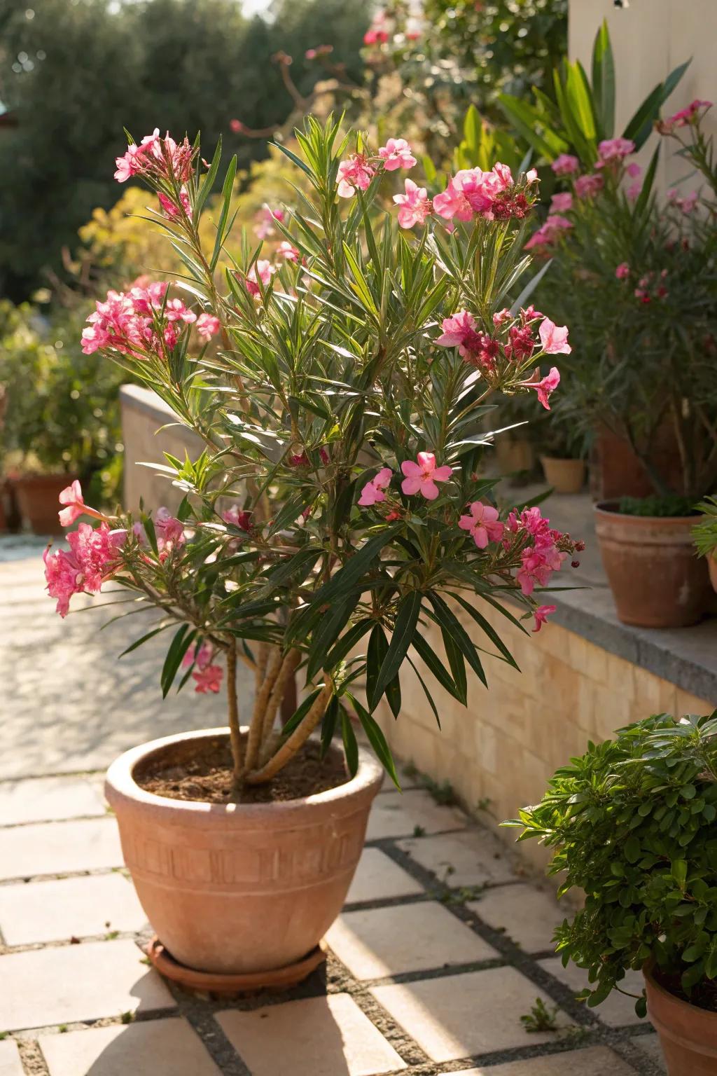 Oleander offers fragrant blooms and thrives in full sun.